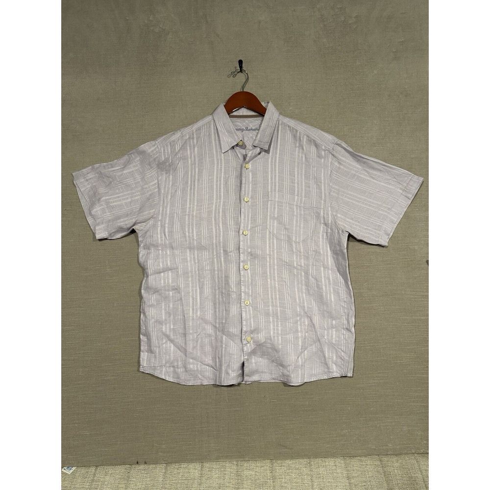 Tommy Bahama Shirt Mens Large Purple Linen Short Sleeve‎ Button Up Resort Camp